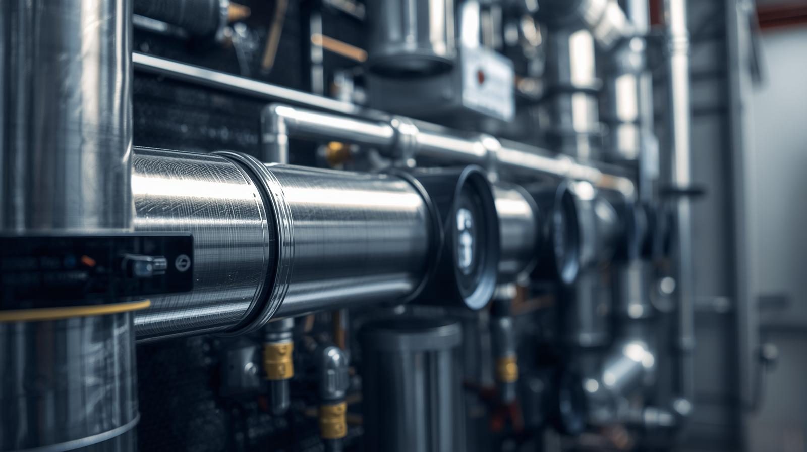 Industrial HVAC piping and airflow equipment in a mechanical room