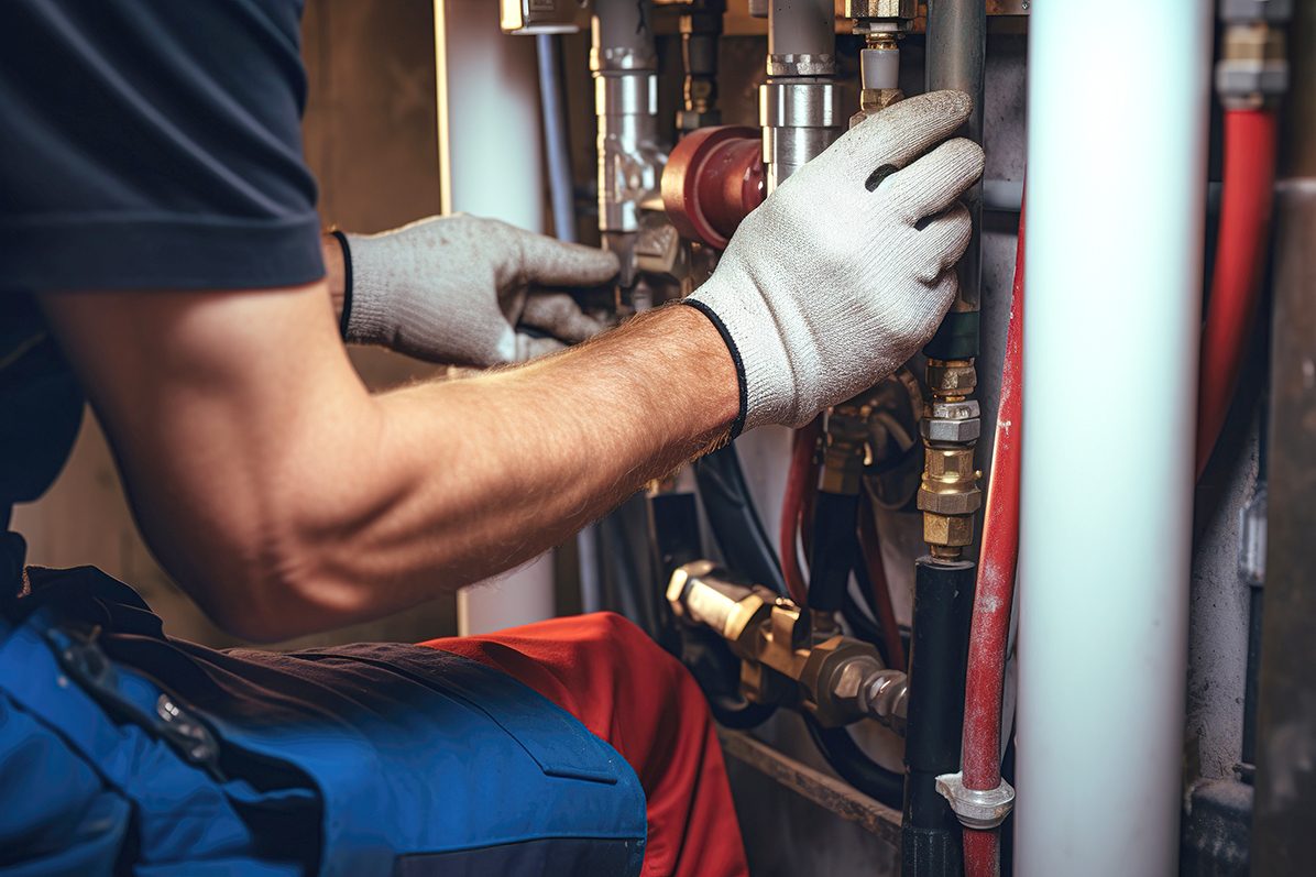 HVAC technician repairing valves and piping inside heating equipment