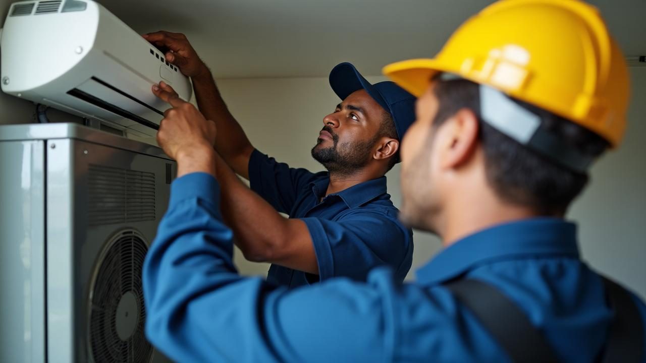 Two HVAC technicians servicing a residential split-system air conditioner