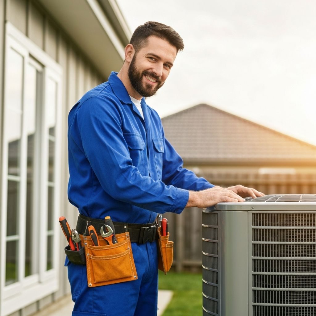 HVAC technician standing beside a residential outdoor air-conditioning unit