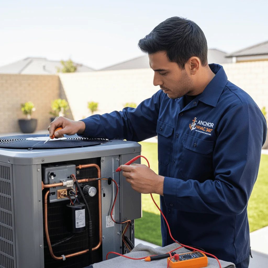 Technician testing a residential outdoor air-conditioning unit