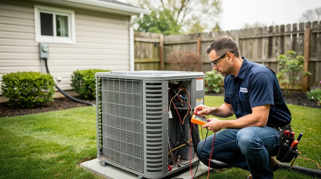 HVAC technician testing an outdoor residential AC condenser with a digital meter