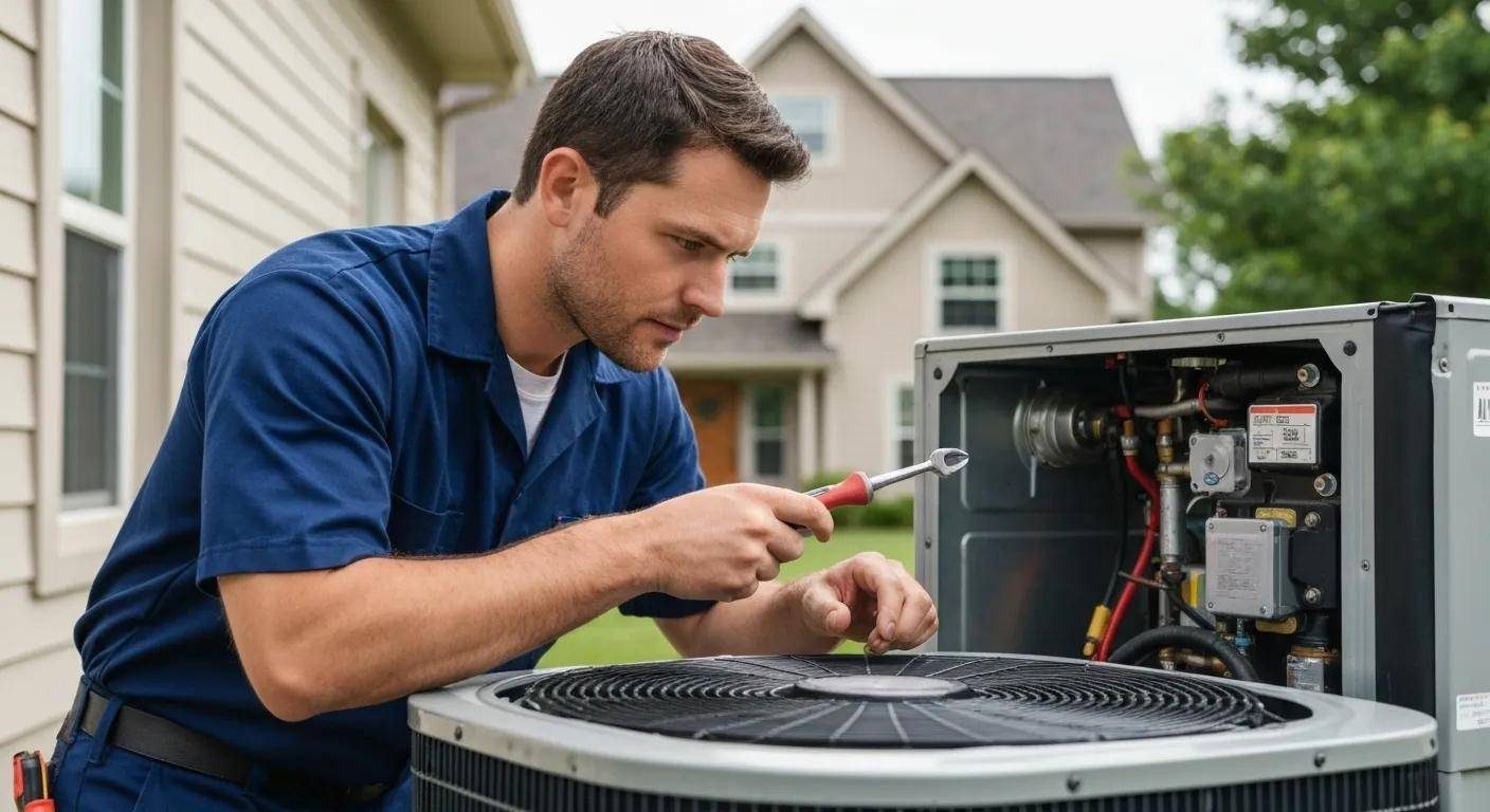 HVAC technician working on an outdoor air-conditioning condenser